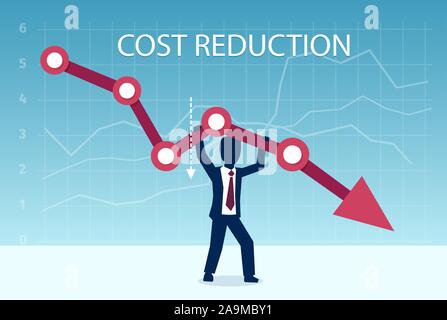 Cost reduction concept. Vector of a businessman pulling down an arrow of the graph. Stock Vector
