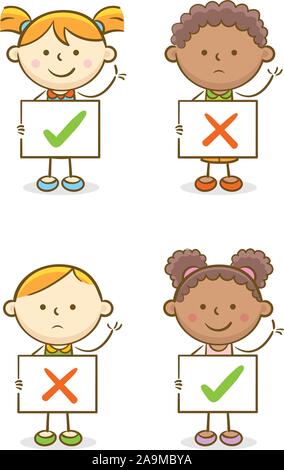 Doodle kid illustration: Set of kids with right and wrong symbol on a paper Stock Vector