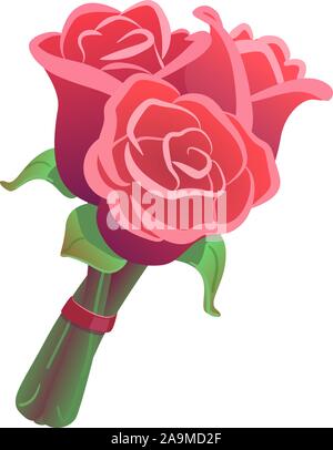 Three Roses bouquet on isolated white background. Flowers clipart for date, celebration, valentines day. Romantic Wedding gift illustration. Pink, rosy bunch with red ribbon. Floral drawing vector. Stock Vector