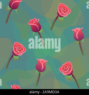 Red roses seamless pattern with color drops green background. Love, romantic, floral ornament. Wedding nature vector repeating print. Flower wallpaper, fashion textile texture. Watercolor light effect Stock Vector