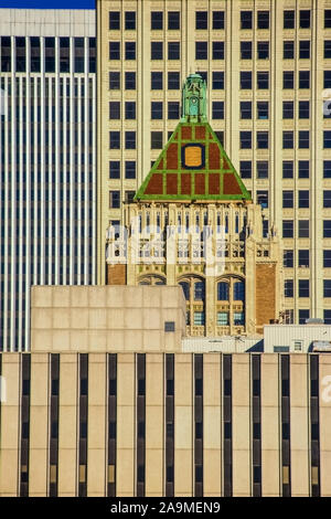 The tops of new and old buildings crowded together in downtown Tulsa OK Stock Photo