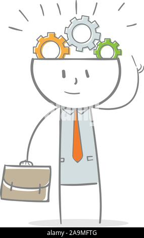 Doodle stick figure: Active businessman concept. with gears on the head Stock Vector