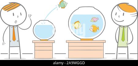 Doodle illustration of a fish jumping out to another fish bowl Stock Vector