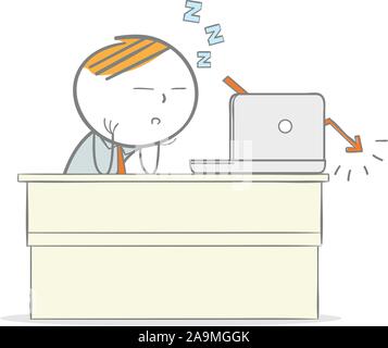 Doodle stick figure: Businessman asleep on his office desk Stock Vector