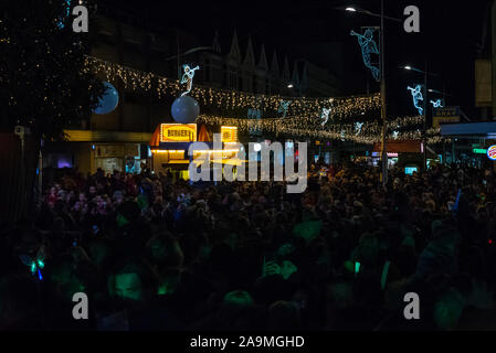 Switch on of Southend's Christmas lights. People packed into Southend on Sea High Street for event. Dark Stock Photo