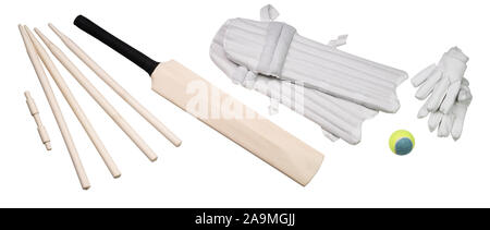 Overhead View Of Cricket Accessories And Tools Isolated On White Surface Stock Photo