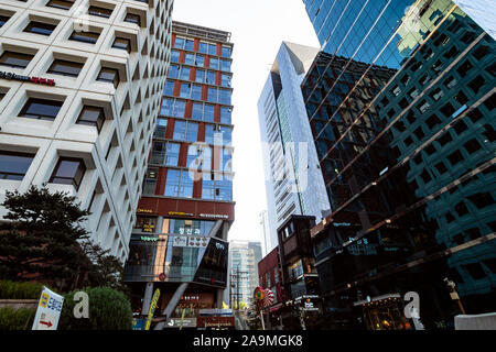 SEOUL, SOUTH KOREA - NOVEMBER 1, 2019: high-rise buildings in Gangnam District of Seoul city in autumn morning. Seoul Special City is the capital and Stock Photo