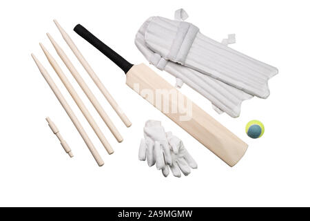 Overhead View Of Cricket Accessories And Tools Isolated On White Surface Stock Photo