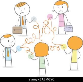Doodle stick figures in a networking circle connected by tangled thread Stock Vector