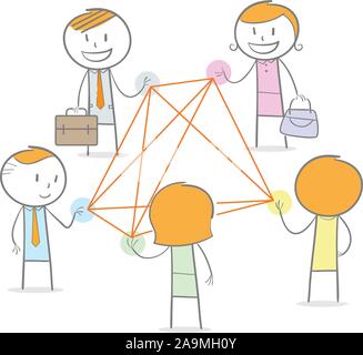 Doodle stick figures in a networking circle connected by straight thread Stock Vector