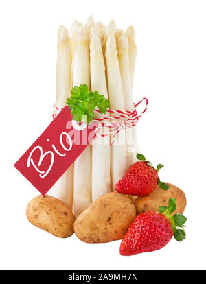German Organic white asparagus with red label  on a sky background Stock Photo