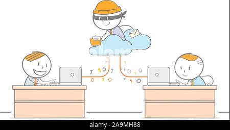 Doodle illustration of hacker hijacking cloud Data in a Network Stock Vector