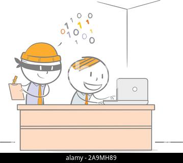 Doodle illustration of hacker spying on a businessman data Stock Vector
