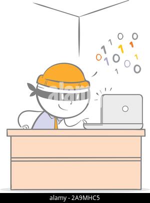 Doodle illustration of a hacker stealing data on a laptop Stock Vector