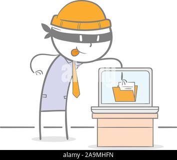 Doodle illustration of hacker stealing a data folder from computer Stock Vector