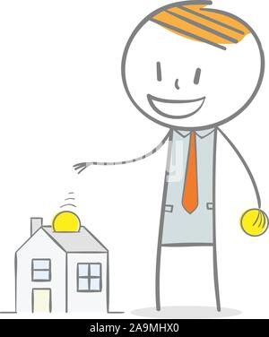 Doodle stick figure: Home investment concept. collecting money to a house. Stock Vector