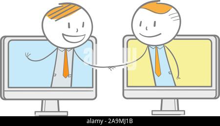 Doodle stick figures shaking hand to each other, online business metaphor Stock Vector