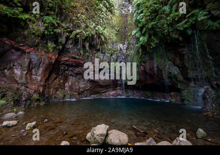 25 Fontes Falls at the end of Levada das 25 Fontes. Madeira, Portugal Stock Photo