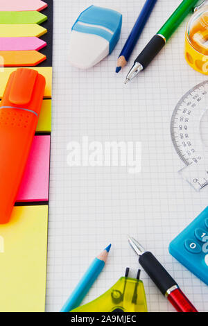 Various office supplies on white background Stock Photo