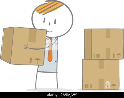 Doodle stick figure: Man lifting carton box Stock Vector