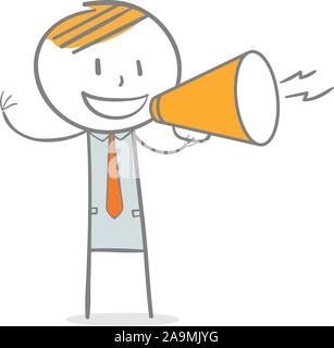 Doodle stick figure: Businessman speaking through megaphone. Stock Vector