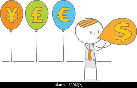 Doodle stick figure blowing up currency symbol balloons Stock Vector