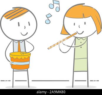 Doodle illustration of business people playing flute and drum Stock Vector