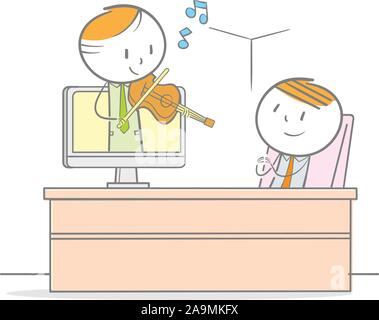 Doodle illustration of businessman listening to violinist while relaxing Stock Vector