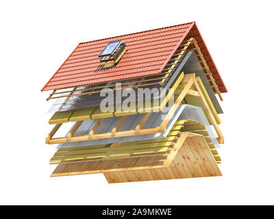 Cross section and  scheme of  ceramic tiles roof.  Roof cover in layers isolated on white. 3d illustration Stock Photo