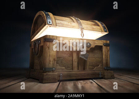 Old wooden treasure chest box with  glow from inside. 3d illustration Stock Photo