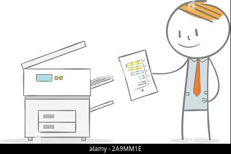 Doodle stick figure:Businessman copying a document with photocopier Stock Vector