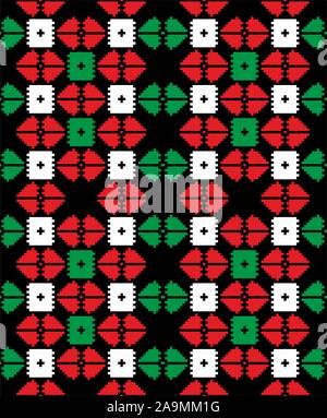Christmas pattern with geometric shapes. Green, red, black and white seamless design. New year background. - Vector Stock Vector