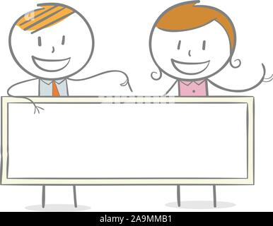 Doodle stick figure: Businesspersons holding blank poster Stock Vector