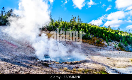 Steam coming from the Hot and Crystal Clear Blue Water in the Beryl Spring Geyser in Yellowstone National Park in Wyoming, United States of America Stock Photo