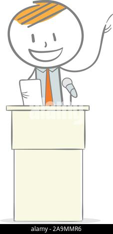 Doodle stick figure: Businessman giving a speech on podium Stock Vector