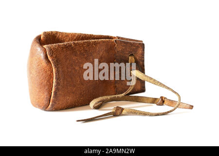 Old worn leather coin pouch isolated on white background Stock Photo