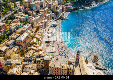 Aerial view of Camogli. Colorful buildings near the ligurian sea. View from above on the public beach with azure and clean water. Stock Photo