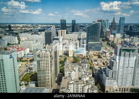 Warsaw, Poland - August 2019: Aerial view of downtown business skyscrapers in Warsaw. Stock Photo