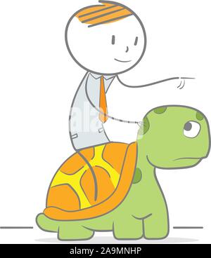 Doodle illustration of businessman riding a turtle Stock Vector
