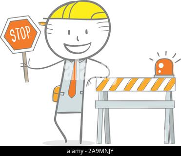 Doodle stick figure: worker holding stop sign leaning on road block Stock Vector