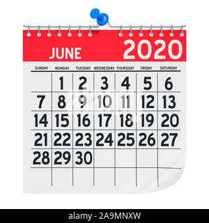 June 2020 Monthly Wall Calendar, 3D rendering isolated on white background Stock Photo