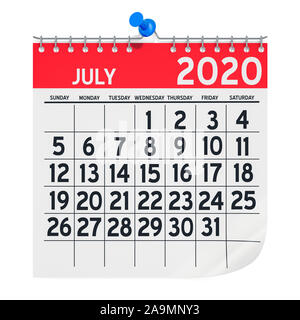 July 2020 Monthly Wall Calendar, 3D rendering isolated on white background Stock Photo