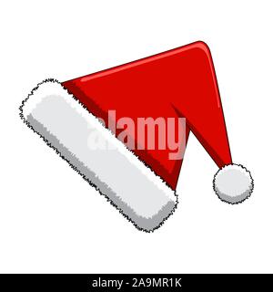 Hat of Santa Claus in red color, traditional costume element for winter character, cap with fur, vector illustration isolated on white background. Stock Vector