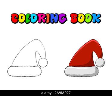 Santa cap vector illustration coloring book, pages  isolated on white. Christmas claus red hat vector  drawing cartoon Stock Vector