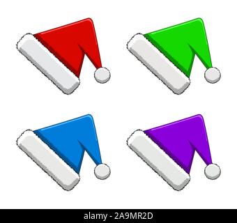 Set of Santa Claus hats isolated on white background illustration. Elf caps in different colors Stock Vector