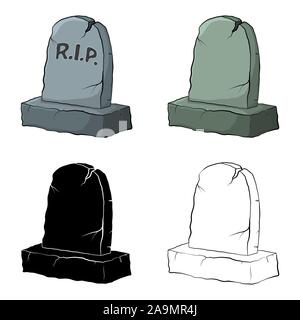 Gravestone set with cracks, rest in peace inscription , outline , empty and silhouette isolate on white background Stock Vector