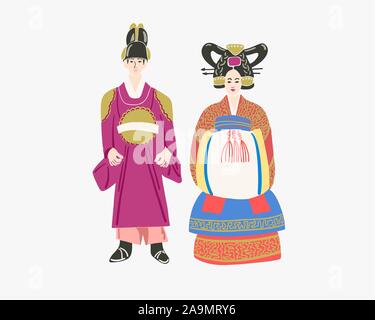couple in traditional korean wedding dresses, wear korean hanbok costume Stock Vector