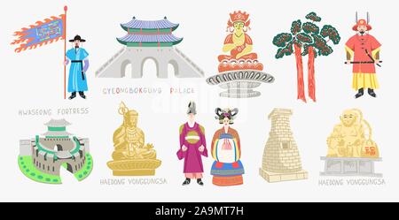 sights of South Korea travel collection, lovely flat style korea attractions Stock Vector