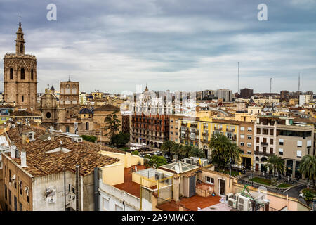 View on squares, buildings, streets of Valencia in Spain. Stock Photo