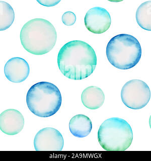 Colored watercolor circles. Seamless pattern. Blue bubbles. Hand-drawn illustration Stock Photo